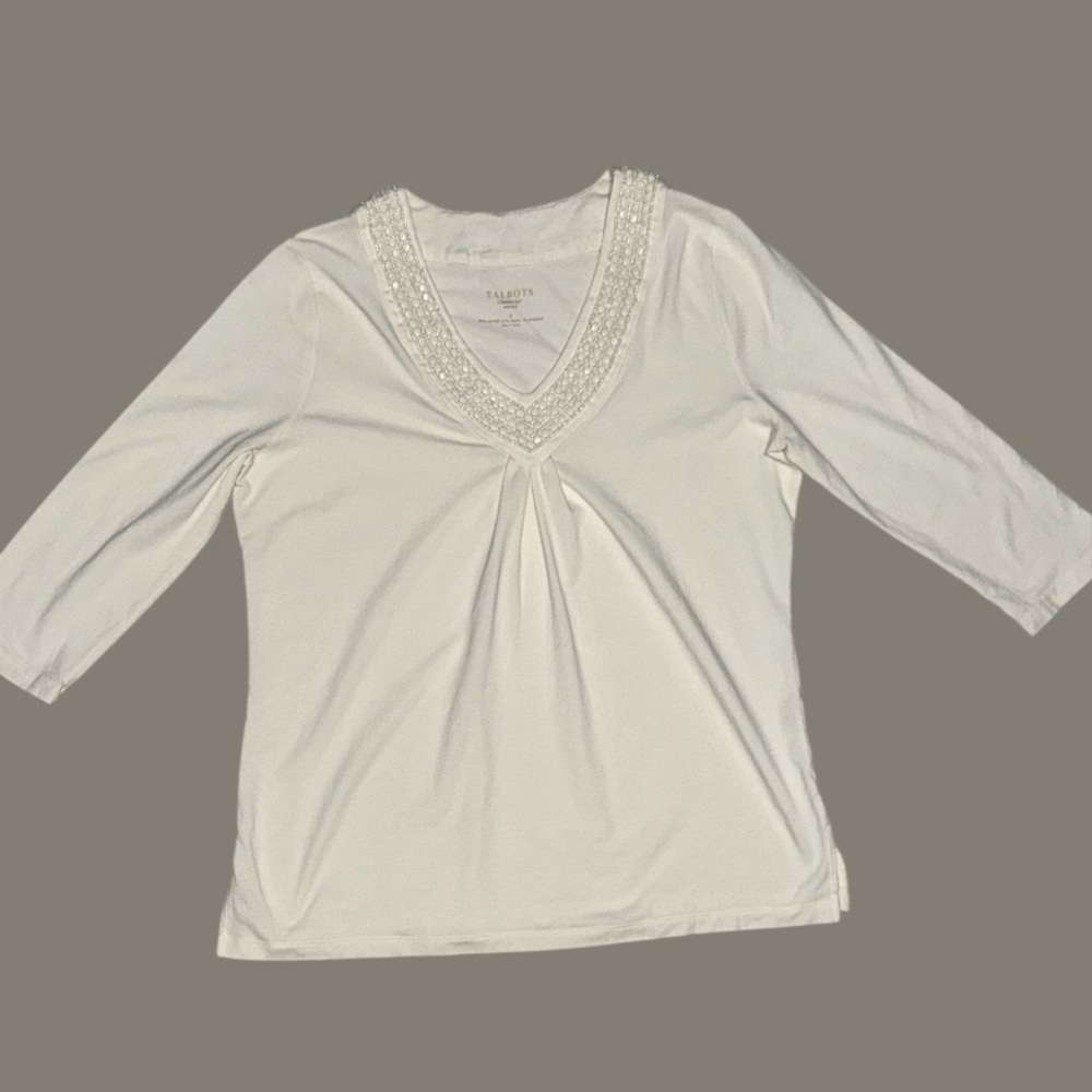 Talbots Ivory Cream V-Neck Top Size X Beaded‎ Embellished 3/4 Sleeve